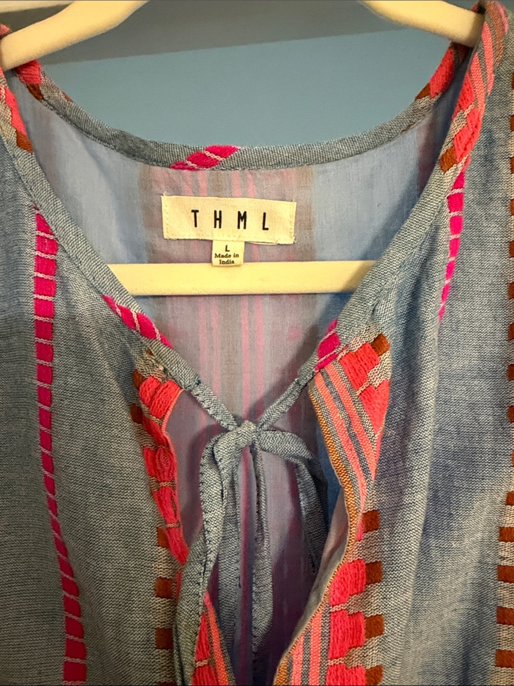 THML Blue Dress with Pink and Coral Embroidery - Picture 3 of 4
